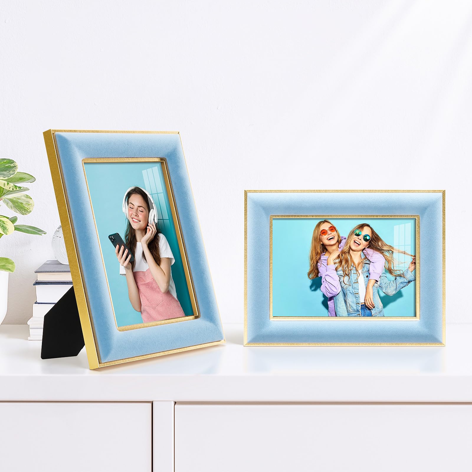 KSROECUD 5x7 Velvet Picture Frame, Spruce Blue Photo Frames with Modern Simple Metallic Gold Border, HD Real Glass Horizontal &